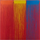 Square-shaped painting made by Pat Steir with a red background and distinct orange, yellow, and blue brushstroke overlaid near the top which drips down to the bottom of the canvas
