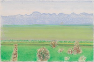 Richard Artschwager, Landscape with Blue Mountains, 2009. Pastel on paper, 25 × 38 inches (63.5 × 96.5 cm) © 2022 Richard Artschwager/Artists Rights Society (ARS), New York