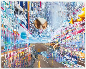 Sarah Sze, Pause to Let the First One Pass, 2021. Oil, acrylic, archival paper, acrylic polymers, ink, diabond, aluminum, and wood, 40 × 50 inches (101.6 × 127 cm) © Sarah Sze