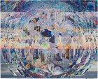 Painting made of layers of oil paint and scraps of images in a frenetic yet highly nuanced composition of an overlapping circle and landscape