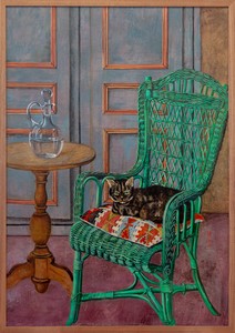 Setsuko, Chat assis sur fauteuil en osier vert, 1996–97. Gouache on canvas, 45 ½ × 31 ½ inches (115.5 × 80 cm) © Setsuko. Photo: Zarko Vijatovic