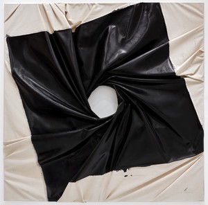 Steven Parrino, Spin-Out Vortex (Black Hole), 2000. Lacquer on canvas, 71 ⅝ × 71 ⅝ inches (182 × 182 cm) © Steven Parrino, courtesy the Parrino Family Estate. Photo: Thomas Lannes