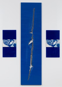 Steven Parrino, Seduction, 1984. Xerox on Plexiglas and acrylic on canvas, in 3 parts; left and right, each: 24 × 12 inches (61 × 30.5 cm); middle: 72 × 20 inches (182.9 × 50.8 cm) © Steven Parrino, courtesy the Parrino Family Estate