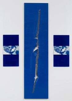 Steven Parrino, Seduction, 1984 Xerox on Plexiglas and acrylic on canvas, in 3 parts; left and right, each: 24 × 12 inches (61 × 30.5 cm); middle: 72 × 20 inches (182.9 × 50.8 cm)© Steven Parrino, courtesy the Parrino Family Estate