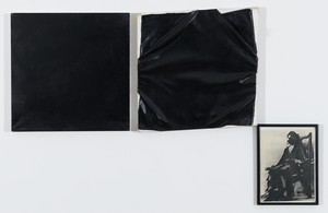 Steven Parrino, Disruption, 1981. Acrylic on canvas and photograph, in 3 parts, top left: 18 × 18 inches (45.7 × 45.7 cm), top right: 18 × 18 inches (45.7 × 45.7 cm); bottom: 12 ½ × 9 ½ inches (31.8 × 24.1 cm) © Steven Parrino, courtesy the Parrino Family Estate