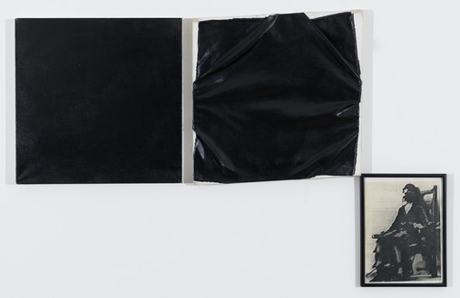 Steven Parrino, Disruption, 1981 Acrylic on canvas and photograph, in 3 parts, top left: 18 × 18 inches (45.7 × 45.7 cm), top right: 18 × 18 inches (45.7 × 45.7 cm); bottom: 12 ½ × 9 ½ inches (31.8 × 24.1 cm)© Steven Parrino, courtesy the Parrino Family Estate