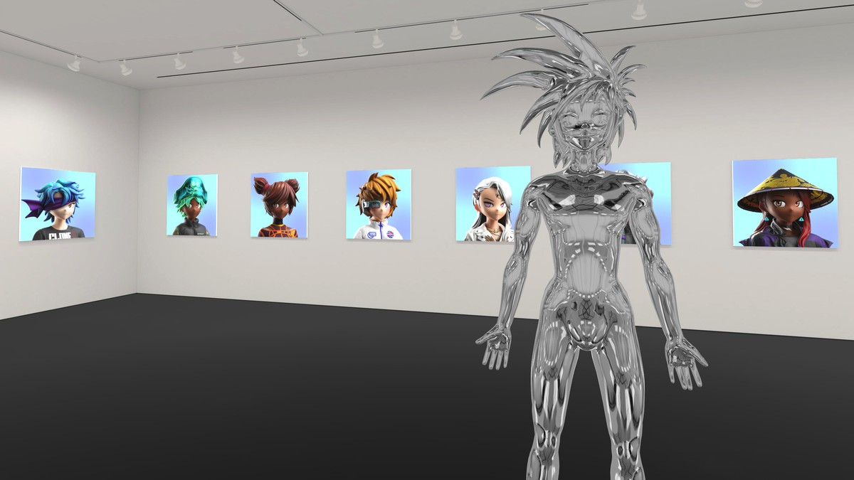 A view of the Takashi Murakami virtual exhibition, showing silver humanoid sculptures and portrait images on the wall
