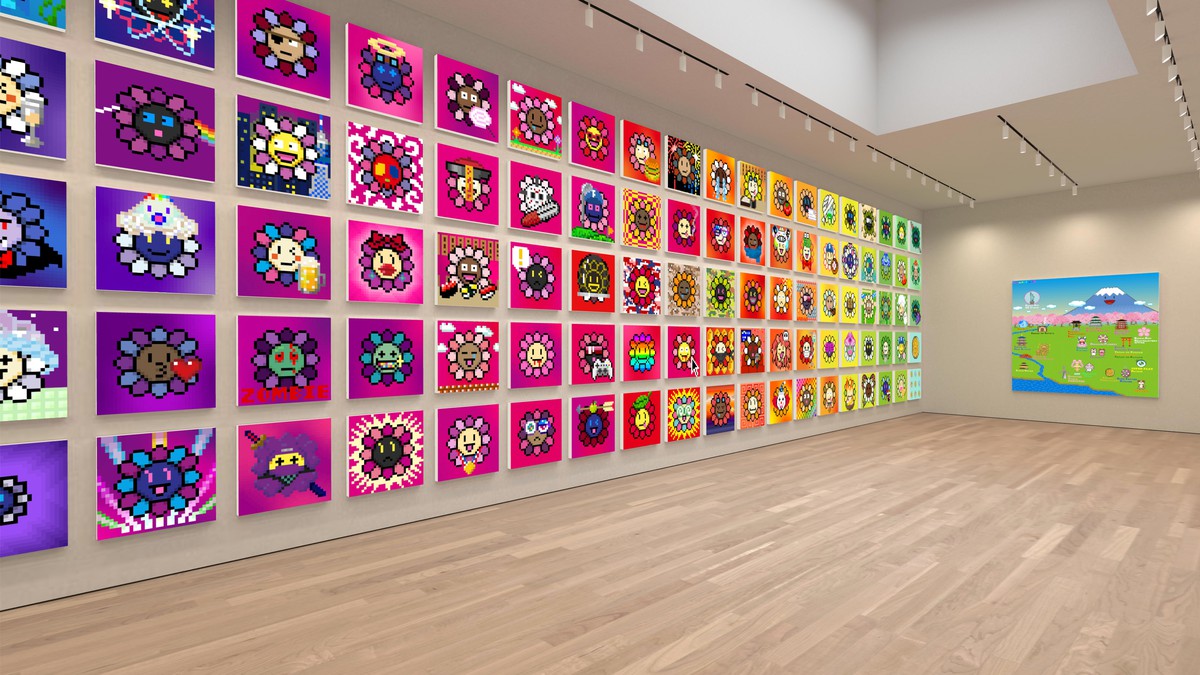 A view of the Takashi Murakami virtual exhibition, showing flowers paintings