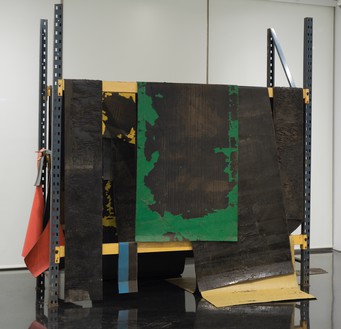 Theaster Gates, Roof Armature with Roof Deconstructed with the Christ, 2022 Industrial oil-based enamel, rubber torch down, bitumen, wood, copper, and metal rack, 108 ½ × 134 × 76 inches (275.6 × 340.4 × 193 cm)© Theaster Gates. Photo: Rob McKeever