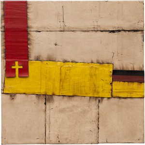 Theaster Gates, Chief Vestment in Red and Yellow, 2022. Industrial oil-based enamel, rubber torch down, bitumen, wood, and copper, 84 × 84 inches (213.4 × 213.4 cm) © Theaster Gates