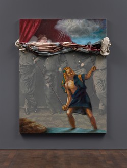 Titus Kaphar, Nothing to See Here, 2021 Oil on canvas, vinyl, wood, and rope, 78 ¾ × 65 ⅞ × 7 ⅞ inches (200 × 167.5 × 20 cm)© Titus Kaphar. Photo: Prudence Cuming Associates Ltd