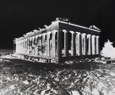 Black and white photography by Vera Lutter of Temple of Athena at the Acropolis in Athens