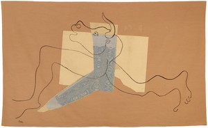 Pablo Picasso, Minotaure, 1935. Silk tapestry created by Ateliers Aubusson after original collage by Picasso, 55 ⅞ × 93 ⅜ inches (142 × 237 cm), Musée Picasso, Antibes, France © 2023 Estate of Pablo Picasso/Artists Rights Society (ARS), New York. Photo: François Fernandez