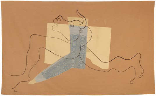 Pablo Picasso, Minotaure, 1935 Silk tapestry created by Ateliers Aubusson after original collage by Picasso, 55 ⅞ × 93 ⅜ inches (142 × 237 cm), Musée Picasso, Antibes, France© 2023 Estate of Pablo Picasso/Artists Rights Society (ARS), New York. Photo: François Fernandez