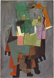 Pablo Picasso, Instruments de musique sur un guéridon, 1914–15. Oil and sand on canvas, 50 ⅝ × 34 ⅝ inches (128.5 × 88 cm) © 2023 Estate of Pablo Picasso/Artists Rights Society (ARS), New York