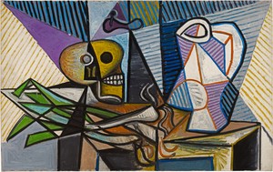 Pablo Picasso, Nature morte à la tête de mort, poireaux et pichet, 1945. Oil on canvas, 28 ¾ × 45 ¾ inches (73 × 116 cm) © 2023 Estate of Pablo Picasso/Artists Rights Society (ARS), New York