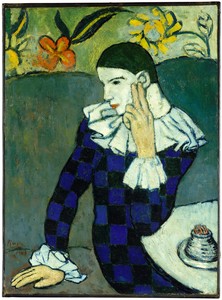 Pablo Picasso, Seated Harlequin, 1901. Oil on canvas, lined and mounted to pressed cork, 33 ¾ × 24 ⅛ inches (85.7 × 61.3 cm), Metropolitan Museum of Art, New York © 2023 Estate of Pablo Picasso/Artists Rights Society (ARS), New York. Photo: © Metropolitan Museum of Art/Licensed by Art Resource, New York