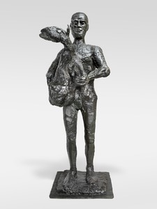 Pablo Picasso, Man with a Lamb, modeled 1943, cast 1948–50. Bronze, 79 ½ × 30 × 29 ½ inches (201.9 × 76.2 × 74.9 cm), Philadelphia Museum of Art © 2023 Estate of Pablo Picasso/Artists Rights Society (ARS), New York. Photo: Philadelphia Museum of Art