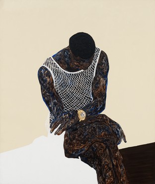 Painting of a black man wearing a white fish net tank top and gold watch looking down