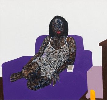 Amoako Boafo, Purple Single Sofa, 2023 Oil on canvas, 83 ½ × 89 ¼ inches (212.1 × 226.7 cm)© Amoako Boafo. Photo: Rob McKeever