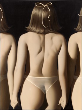 Painting depicting three identical girls holding hands from behind, each only wearing underwear and with a ribbon in their hair