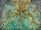 Textured gold, grey, and blue abstract painting made of emulsion, oil, acrylic, charcoal, gold leaf, and sediment of electrolysis on canvas featuring the word Danae written in the upper left-hand corner