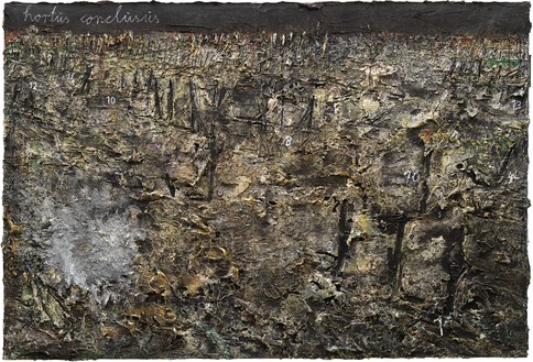 Anselm Kiefer, hortus conclusus, 2012 Emulsion, oil, acrylic, shellac, and chalk on canvas, 74 ⅞ × 110 ¼ inches (190 × 280 cm)© Anselm Kiefer. Photo: Georges Poncet