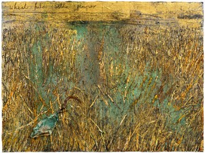 Anselm Kiefer, Wheat field with reaper, 2014. Emulsion, oil, acrylic, shellac, gold leaf, sediment of electrolysis, fabric, steel, cauterized wood, and charcoal on canvas, 110 ¼ × 149 ⅝ inches (280 × 380 cm) © Anselm Kiefer. Photo: Georges Poncet