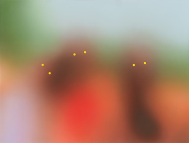 Painting of blurry patches of color with three figure-like shapes with yellow dots for eyes