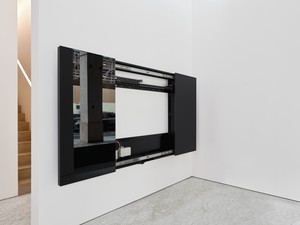 Installation view with Carsten Höller, Black Sliding Window (2023). Artwork © Carsten Höller. Photo: Thomas Lannes