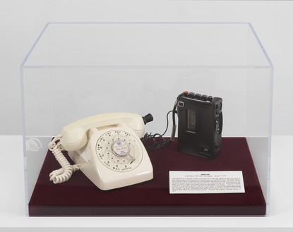Chris Burden, Wiretap, 1977 Telephone, tape recorder, tap wire, and audiotape in Plexiglas and velvet vitrine, 13 ¼ × 20 ½ × 14 ½ inches (33.7 × 52.1 × 36.8 cm)© 2023 Chris Burden/Licensed by the Chris Burden Estate and Artists Rights Society (ARS), New York. Photo: Rob McKeever