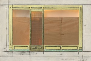 Christo, Store Front (Project), 1964. Graphite, wax crayon, wood, enamel paint, adhesive tape, Masonite, brown wrapping paper, and electric light, mounted on wooden board, 27 ⅝ × 40 ¾ inches (70 × 103.5 cm) © Christo and Jeanne-Claude Foundation. Photo: Annik Wetter