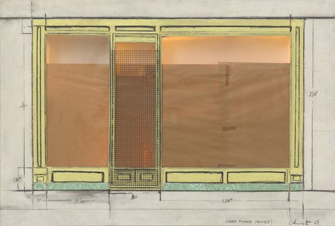 Christo, Store Front (Project), 1964 Graphite, wax crayon, wood, enamel paint, adhesive tape, Masonite, brown wrapping paper, and electric light, mounted on wooden board, 27 ⅝ × 40 ¾ inches (70 × 103.5 cm)© Christo and Jeanne-Claude Foundation. Photo: Annik Wetter