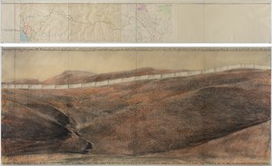 Christo, Running Fence (Project for Sonoma County and Marin County, State of California), 1976. Graphite, charcoal, pastel, wax crayon, masking tape, and map, on paper, in 2 parts, top: 15 × 96 inches (38 × 244 cm), bottom: 42 × 96 inches (106.6 × 244 cm) © Christo and Jeanne-Claude Foundation. Photo: Annik Wetter
