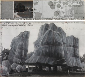 Christo, Wrapped Trees (Project for the Fondation Beyeler and Berower Park, Riehen, Switzerland), 1998. Graphite, charcoal, pastel, wax crayon, photograph by Wolfgang Volz, map, fabric sample, and kraft paper on paper, in 2 parts, top: 15 × 65 inches (38 × 165 cm), bottom: 42 × 65 inches (106.6 × 165 cm) © Christo and Jeanne-Claude Foundation. Photo: Annik Wetter