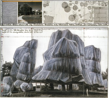 Two-part drawing in graphite, charcoal, pastel, and wax crayon with photograph, paper, and fabric depicting trees wrapped in fabric and secure with rope in the Berower Park in Riehen, Switzerland