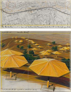 Christo, The Umbrellas (Project for Japan and USA), 1987. Graphite, pastel, wax crayon, enamel paint, fabric, and topographic map on cardboard, in 2 parts, top: 12 × 30 ½ inches (30.5 × 77.5 cm), bottom: 26 ¼ × 30 ½ inches (66.7 × 77.5 cm) © Christo and Jeanne-Claude Foundation. Photo: Annik Wetter