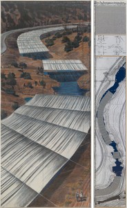 Christo, Over the River (Project for the Arkansas River, State of Colorado), 2010. Graphite, charcoal, pastel, wax crayon, enamel paint, hand-drawn topographic map on vellum paper, technical drawings, fabric sample, and kraft paper on paper, in 2 parts, left: 96 × 42 inches (244 × 106.6 cm), right: 96 × 15 inches (244 × 38 cm) © Christo and Jeanne-Claude Foundation. Photo: Annik Wetter