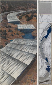 Christo, Over the River (Project for the Arkansas River, State of Colorado), 2010 Graphite, charcoal, pastel, wax crayon, enamel paint, hand-drawn topographic map on vellum paper, technical drawings, fabric sample, and kraft paper on paper, in 2 parts, left: 96 × 42 inches (244 × 106.6 cm), right: 96 × 15 inches (244 × 38 cm)© Christo and Jeanne-Claude Foundation. Photo: Annik Wetter