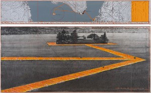 Christo, The Floating Piers (Project for Lake lseo, Italy), 2015. Graphite, charcoal, pastel, wax crayon, enamel paint, photo cutouts, topographic map, and fabric sample, on paper, in 2 parts, top: 15 × 96 inches (38 × 244 cm), bottom: 42 × 96 inches (106.6 × 244 cm) © Christo and Jeanne-Claude Foundation. Photo: Annik Wetter