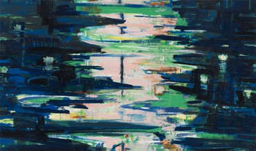 Abstract painting in blues, greens, and pinks of grass growing on a weir