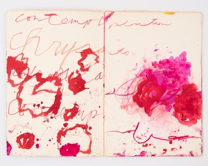 Cy Twombly, Untitled (Contemplation of the Chrysanthemum), 1984–2002. Acrylic and wax crayon, pen, and pencil on handmade paper, in unbound handmade book, 20 pages, each page (approximately): 22 × 15 ⅛ inches (55.8 × 38.3 cm) © Cy Twombly Foundation. Photo: Jeff McLane