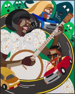 Derrick Adams, Taking it on the Road, 2023. Acrylic and collaged fabric on wood panel, in artist's frame, 60 ½ × 48 ½ × 2 ½ inches (153.7 × 123.2 × 6.4 cm) © Derrick Adams Studio. Photo: Jeff McLane