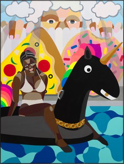 Derrick Adams, A Moment, 2023 Acrylic and collaged fabric on wood panel, in artist's frame, 96 × 73 × 2 ½ inches (243.8 × 185.4 × 6.4 cm)© Derrick Adams Studio. Photo: Jeff McLane