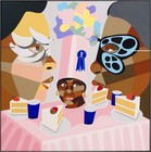 Painting featuring the profile of two black faces with carnival eye masks looking at each other over table with four pieces of sliced cake and a head sitting atop
