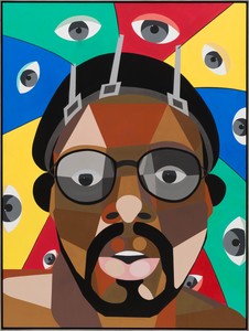 Derrick Adams, All Eyes on Me, 2023. Acrylic on wood panel, in artist's frame, 49 × 37 × 2 ½ inches (124.5 × 94 × 6.4 cm) © Derrick Adams Studio. Photo: Jeff McLane