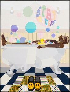 Derrick Adams, Happy Place, 2023. Acrylic and collaged fabric on wood panel, in artist's frame, 96 × 73 × 2 ½ inches (243.8 × 185.4 × 6.4 cm) © Derrick Adams Studio. Photo: Jeff McLane