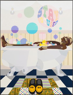 Derrick Adams, Happy Place, 2023 Acrylic and collaged fabric on wood panel, in artist's frame, 96 × 73 × 2 ½ inches (243.8 × 185.4 × 6.4 cm)© Derrick Adams Studio. Photo: Jeff McLane