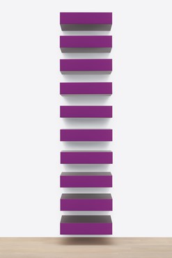 Ten stacked boxed attached to the wall made of purple anodized aluminum