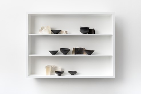 Edmund de Waal, nostos, 2023 Porcelain, silver, aluminium, and glass, 29 ⅜ × 39 ⅜ × 7 ⅜ inches (74.5 × 100 × 18.5 cm)© Edmund de Waal. Photo: Alzbeta Jaresova